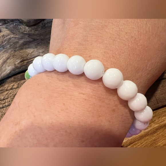 New White Jade & White Faceted Agate Bracelet Natural Stone Beaded Stretchy 8mm - Picture 5 of 5